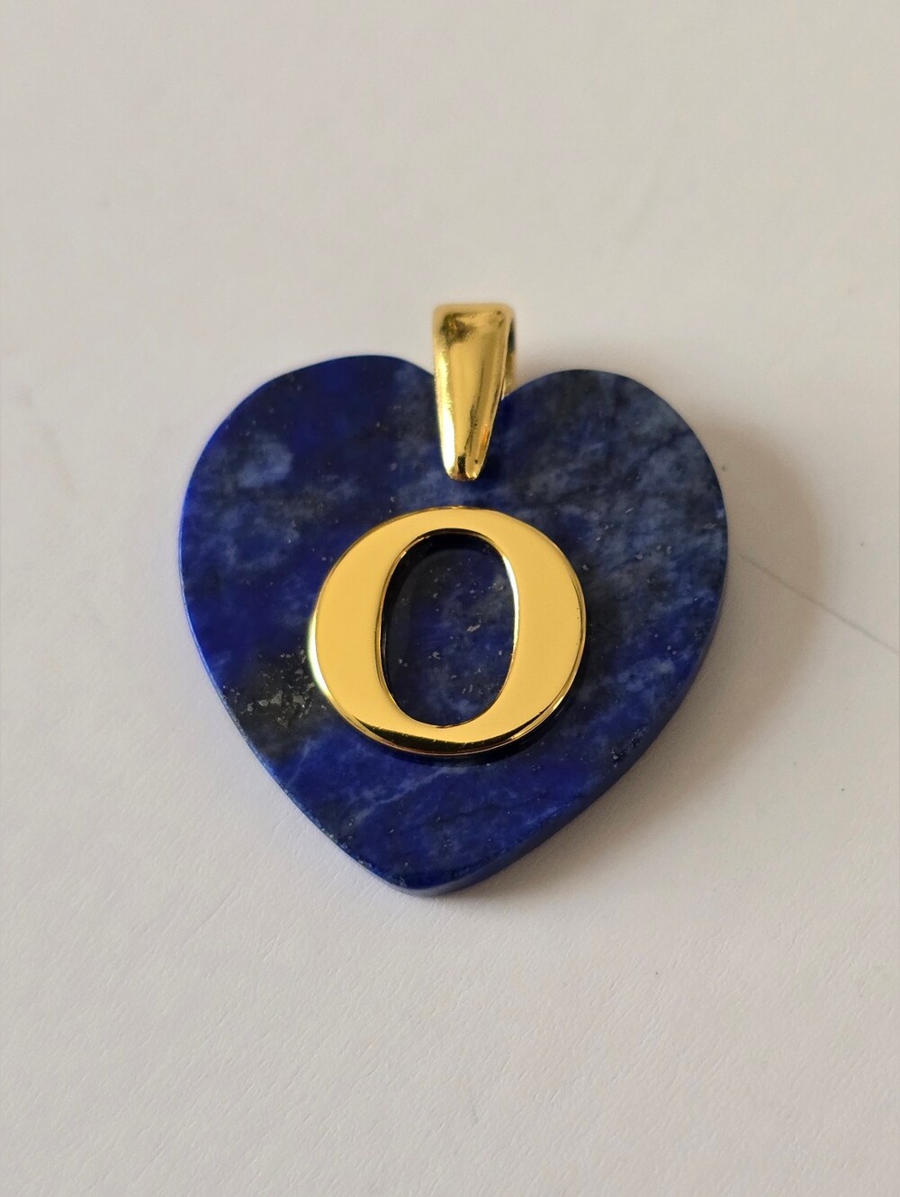 Gold 'O' Initial Heart Pendant with Deep Blue Stone